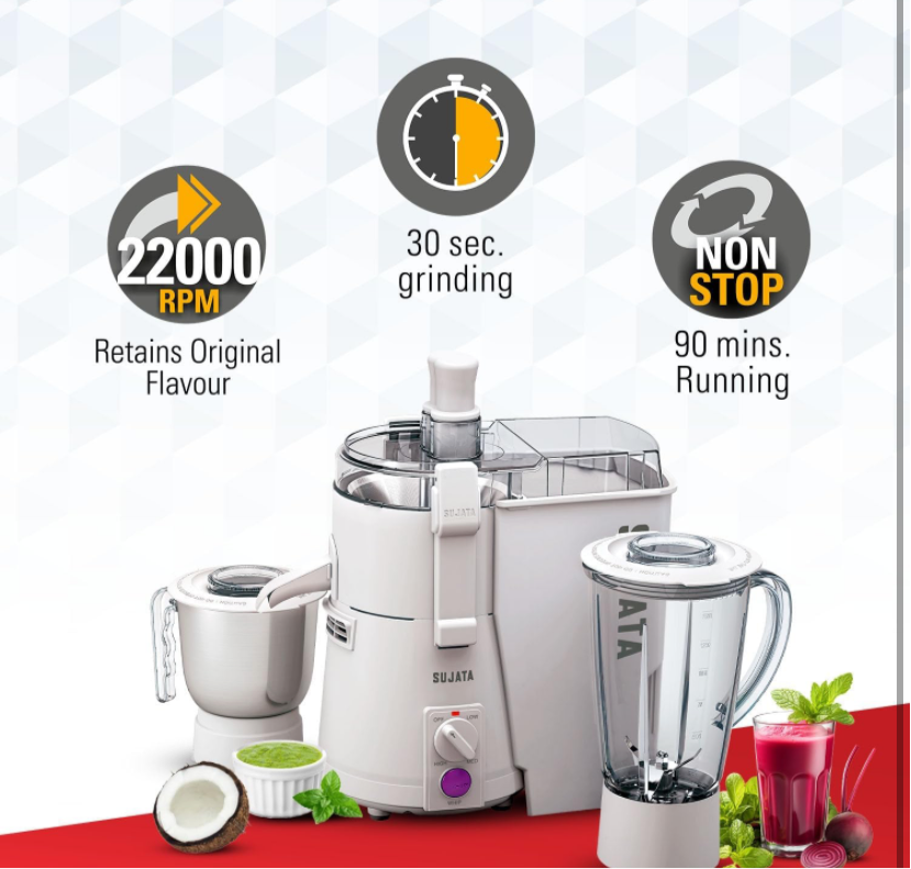 Sujata powermatic plus 900 watts Juicer Mixer Grinder | 22000 Rotations Per Min | 90 Minutes Continuous Running | 2 Versatile Jars 1750 ml and 1000 ml