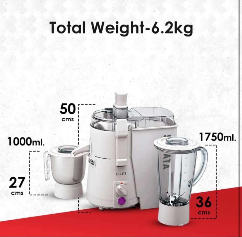 Sujata powermatic plus 900 watts Juicer Mixer Grinder | 22000 Rotations Per Min | 90 Minutes Continuous Running | 2 Versatile Jars 1750 ml and 1000 ml