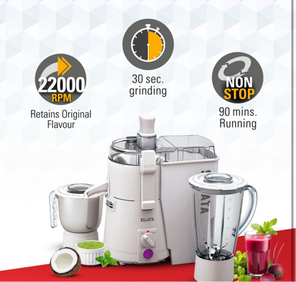 Sujata powermatic plus 900 watts Juicer Mixer Grinder | 22000 Rotations Per Min | 90 Minutes Continuous Running | 2 Versatile Jars 1750 ml and 1000 ml