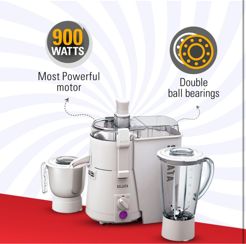 Sujata powermatic plus 900 watts Juicer Mixer Grinder | 22000 Rotations Per Min | 90 Minutes Continuous Running | 2 Versatile Jars 1750 ml and 1000 ml